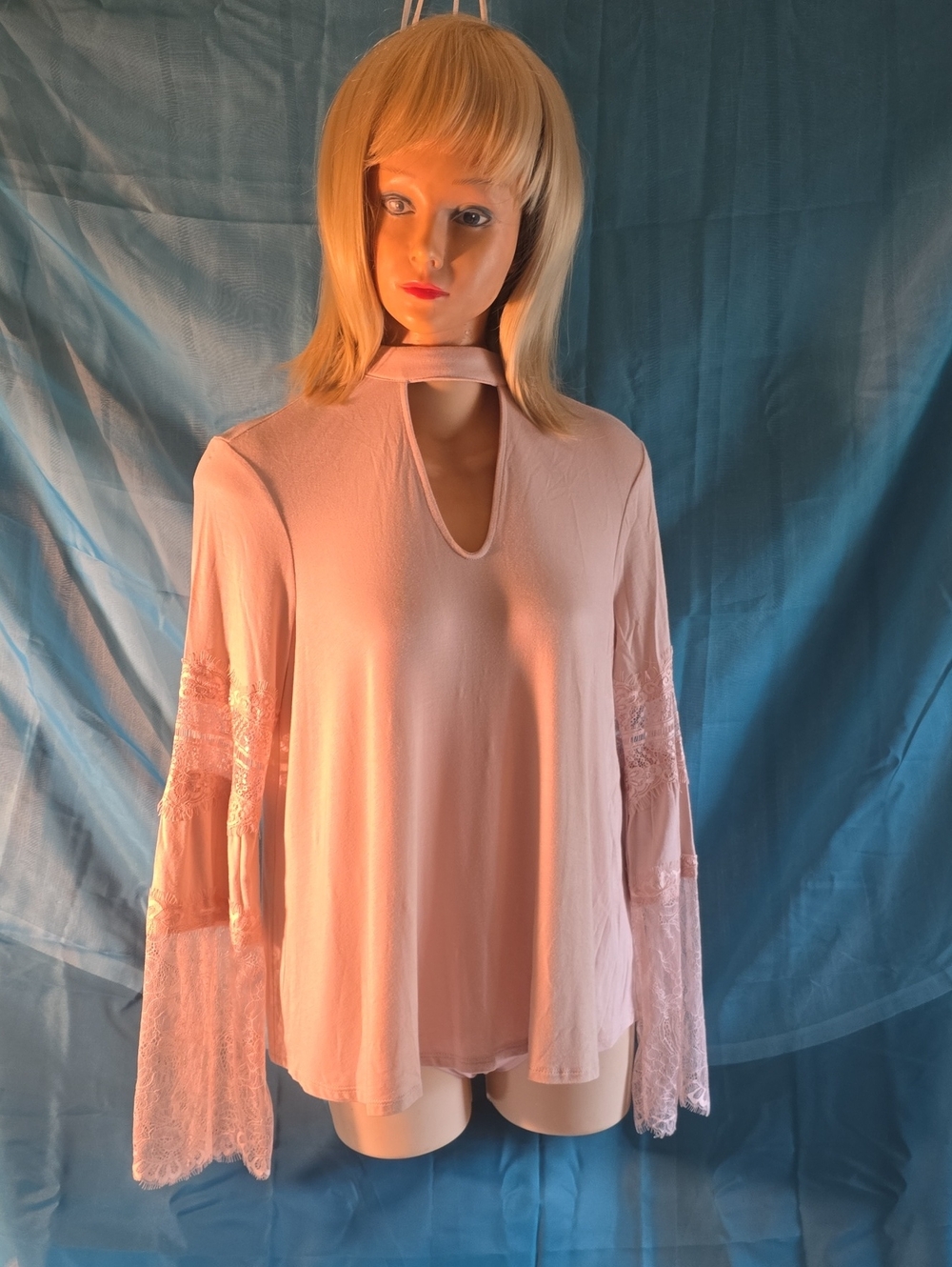 Women's Pink Lace Bell-Sleeve Top with Keyhole Neck